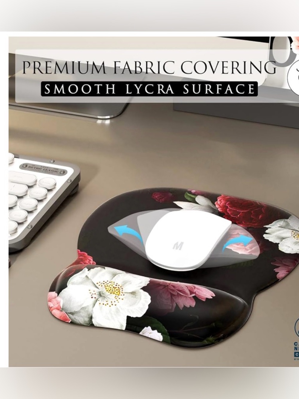 Ergonomic Floral Mouse Pad with Wrist Support - Black Floral